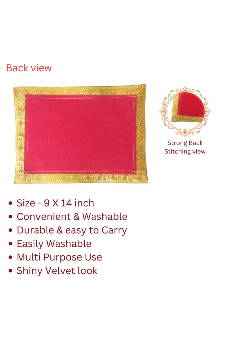 Velvet Pooja Aasan Cloth with Golden Border | Plain Chowki Mat for Puja Table, Home Mandir & Temple | Pack of 6 (9 x 14)