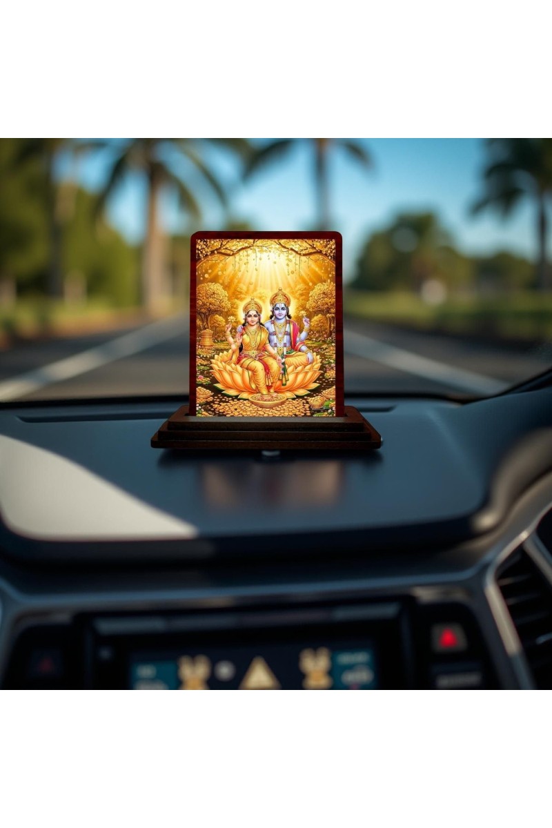Car Desk/Table Top Lord Vishnu Lakshmi Wooden Photo Stand 3x4 Inches, Compact & Stylish Spiritual Display For Car, Home & Office (Pack Of 1) (F14564)