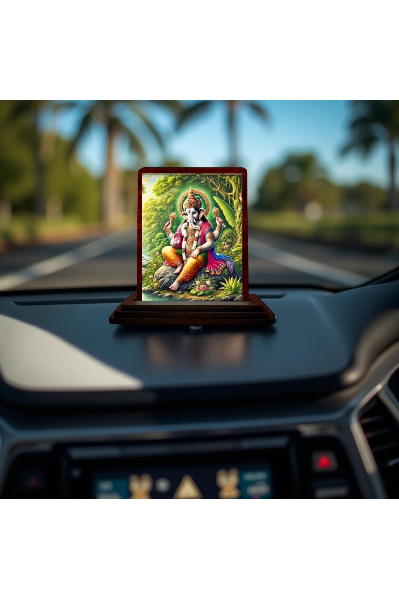 Car Desk/Table Top Lord Ganesha Wooden Photo Stand 3x4 Inches, Compact & Stylish Spiritual Display For Car, Home & Office (Pack Of 1) (F14509)