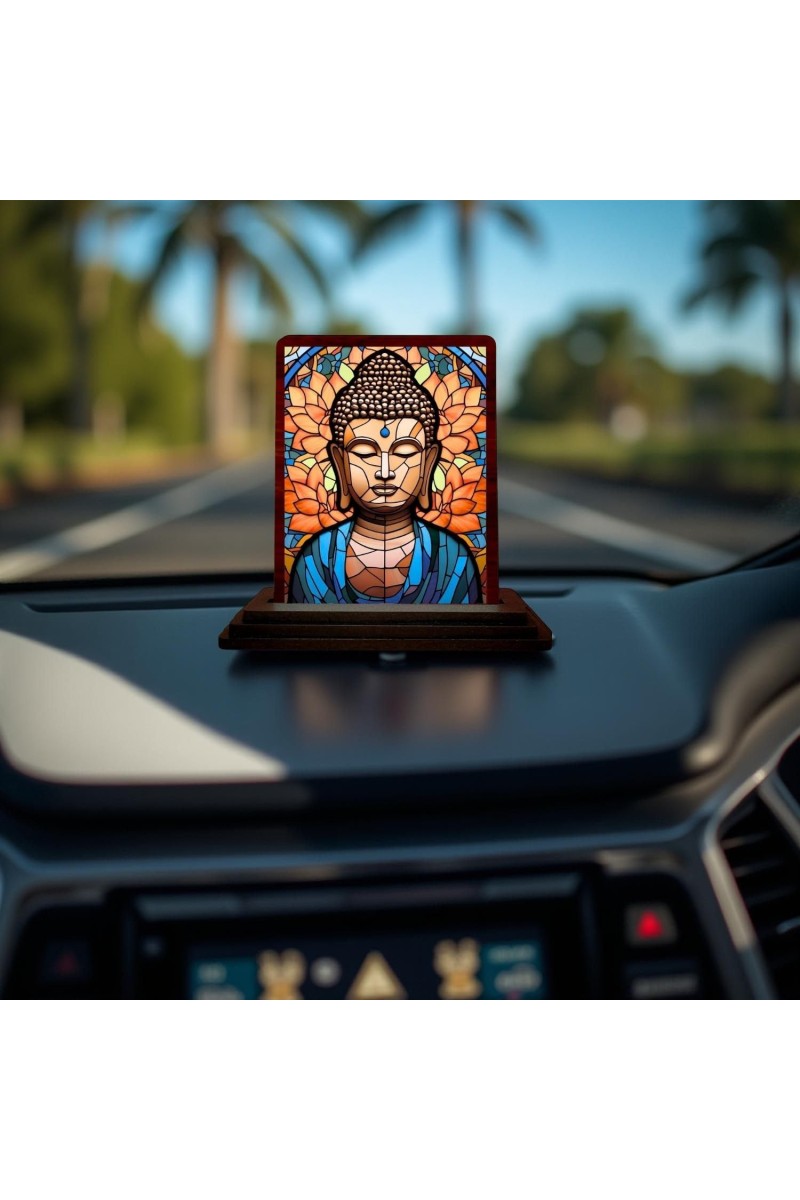 Car Desk/Table Top Lord Buddha Wooden Photo Stand 3x4 Inches, Compact & Stylish Spiritual Display For Car, Home & Office (Pack Of 1) (F14468)