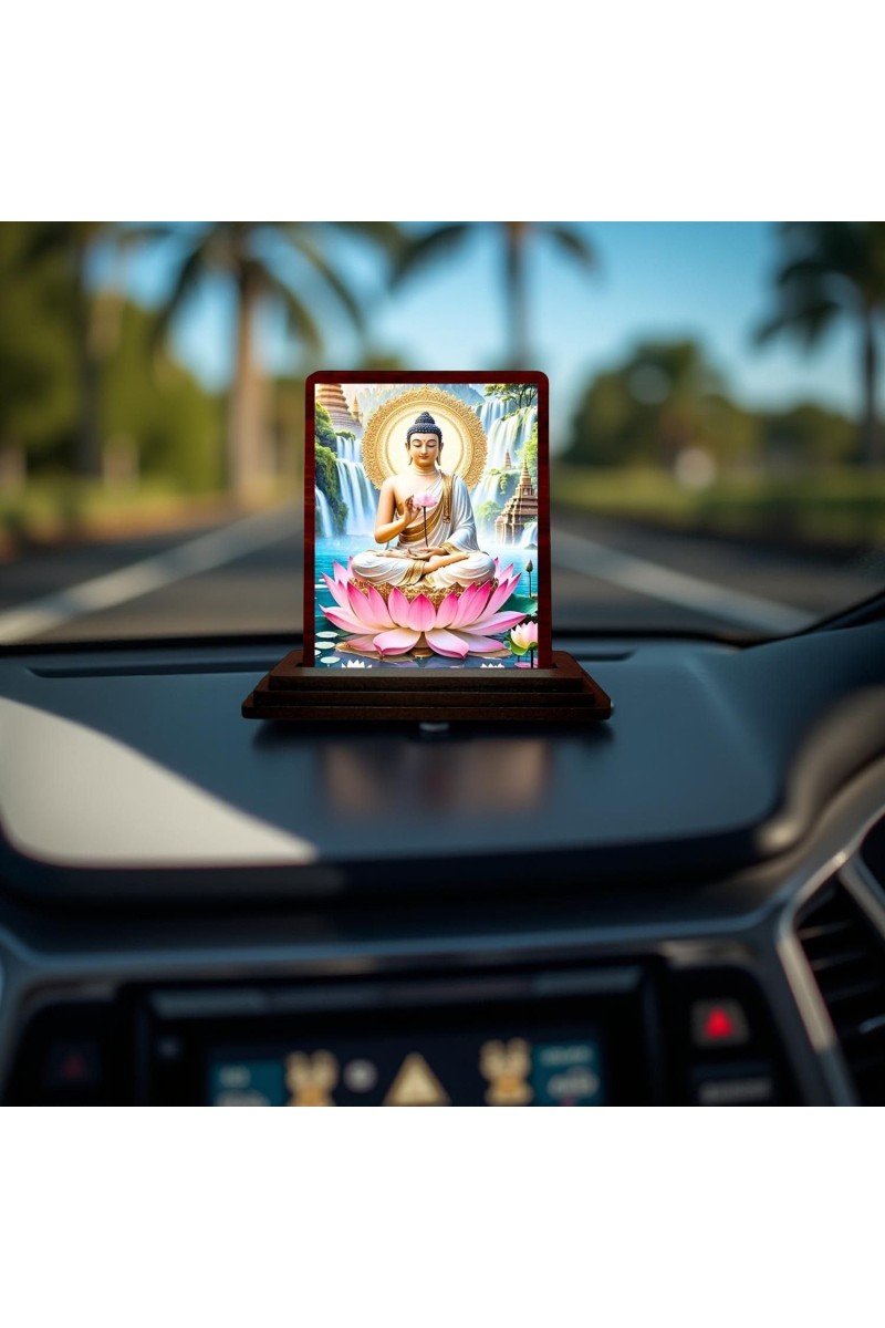 Car Desk/Table Top Lord Buddha Wooden Photo Stand 3x4 Inches, Compact & Stylish Spiritual Display For Car, Home & Office (Pack Of 1) (F14411)