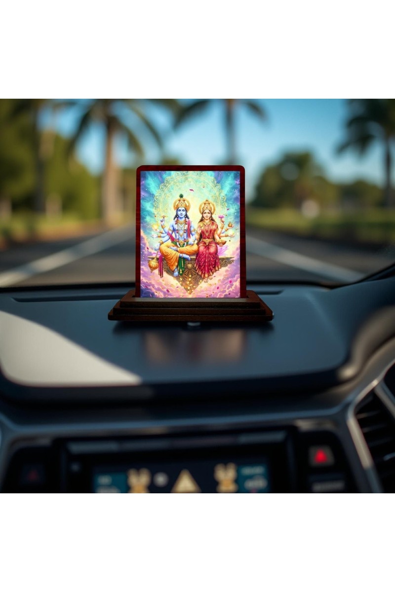 Car Desk/Table Top Lord Vishnu And Lakshmi Wooden Photo Stand 3x4 Inches, Compact & Stylish Spiritual Display For Car, Home & Office (Pack Of 1) (F14601)
