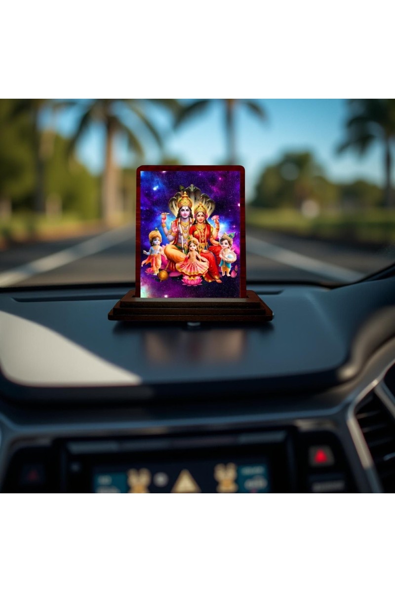 Car Desk/Table Top Lord Vishnu Lakshmi Wooden Photo Stand 3x4 Inches, Compact & Stylish Spiritual Display For Car, Home & Office (Pack Of 1) (F14441)