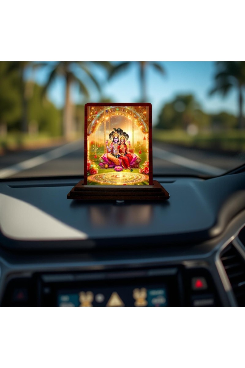 Car Desk/Table Top Lord Vishnu And Lakshmi Wooden Photo Stand 3x4 Inches, Compact & Stylish Spiritual Display For Car, Home & Office (Pack Of 1) (F14600)