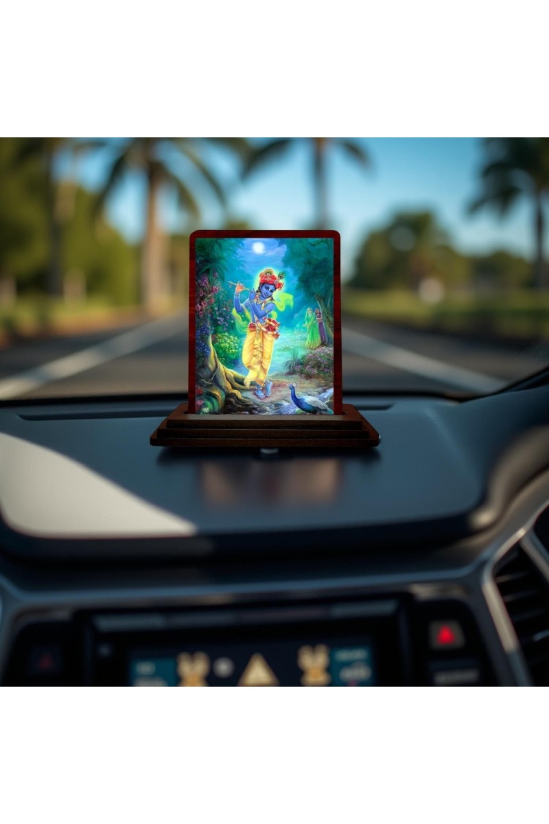 Car Desk/Table Top Lord Krishna Wooden Photo Stand 3x4 Inches, Compact & Stylish Spiritual Display For Car, Home & Office (Pack Of 1) (F14479)