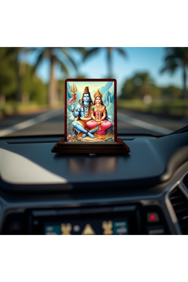 Car Desk/Table Top Lord Shiva And Parvathi Wooden Photo Stand 3x4 Inches, Compact & Stylish Spiritual Display For Car, Home & Office (Pack Of 1) (F14529)