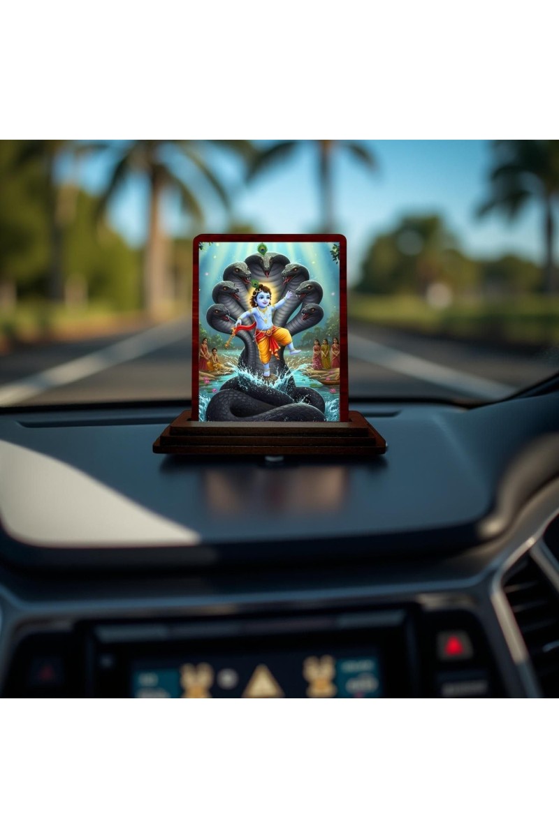 Car Desk/Table Top Lord Krishna Wooden Photo Stand 3x4 Inches, Compact & Stylish Spiritual Display For Car, Home & Office (Pack Of 1) (F14398)