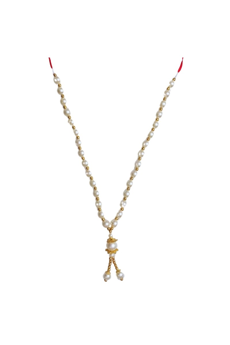 Hitech Sales Artificial Pearl Garland Mala Necklace | Decorative Pearl Chain for Pooja, Mandir, and Festive Decorations | White and Gold Beads Mala with Hanging Pendant (Small, 2, Piece)