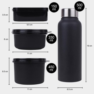 Steel Lunch Box, 4 Containers, (Pack of 4) Bottle and 1 Bag 3.5 X 9.5 cm, 6 X 11 cm, 8.5 X 11 cm, 6.5 X 19 cm, 3 Steel Containers,Plastic Container, 1Bag, 1Bottle