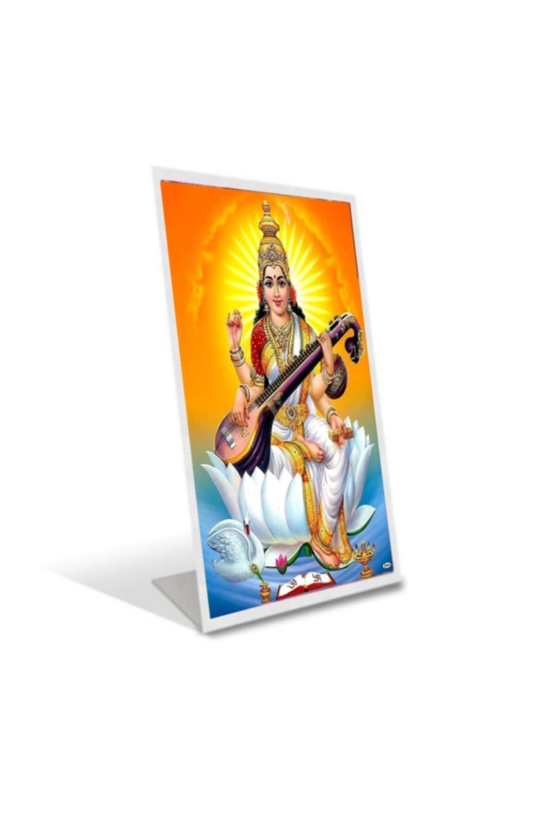 Car Desk/Table Top Maa Saraswati Acrylic L-Style Photo Stand - 2.5x3.5 Inches, Compact And Stylish Spiritual Display (F6700)