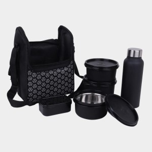 Steel Lunch Box, 4 Containers, (Pack of 4) Bottle and 1 Bag 3.5 X 9.5 cm, 6 X 11 cm, 8.5 X 11 cm, 6.5 X 19 cm, 3 Steel Containers,Plastic Container, 1Bag, 1Bottle