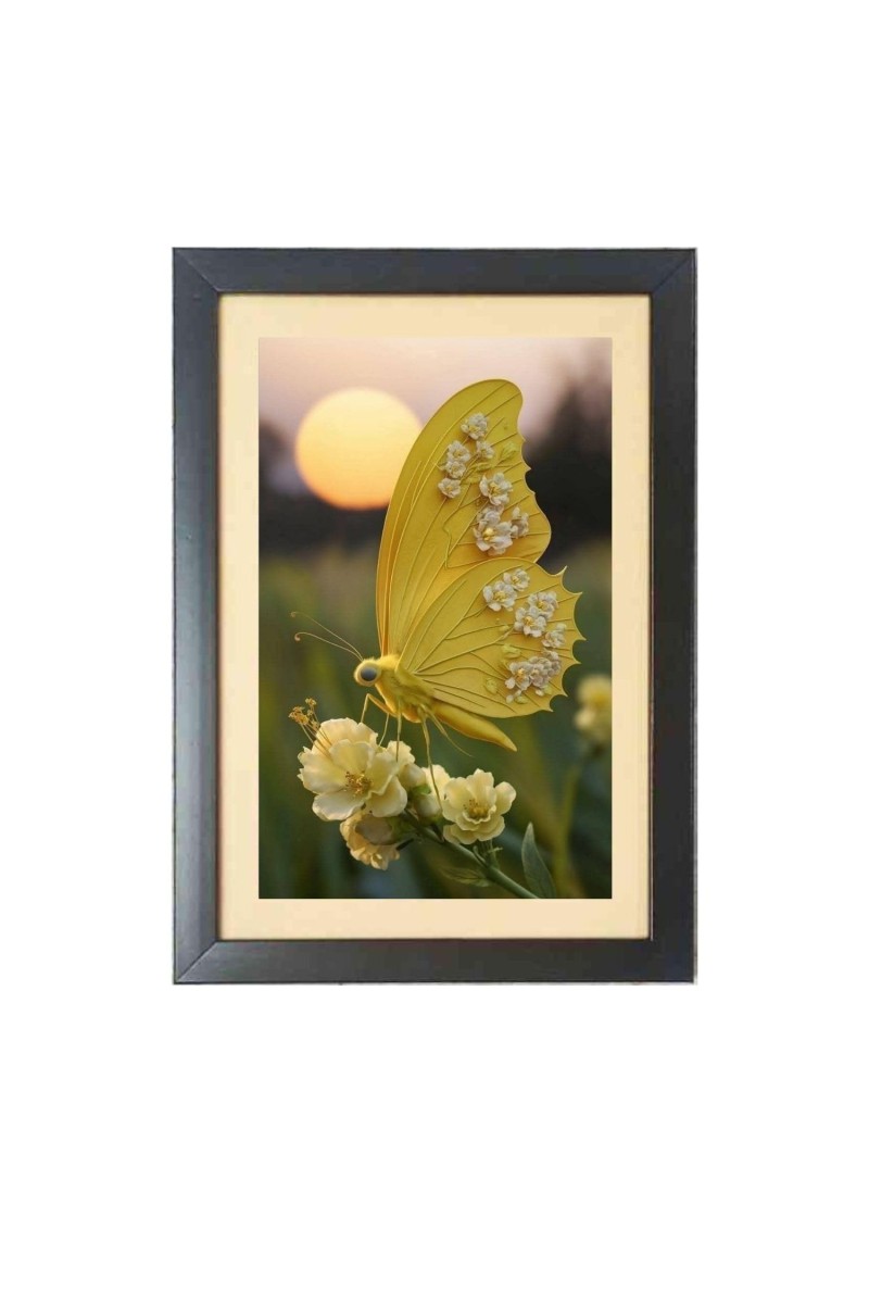 The beautiful yellow color butterfly Photo Frame Funny Animal and Bird Cartoon Art, Black color, 19x23 Inch