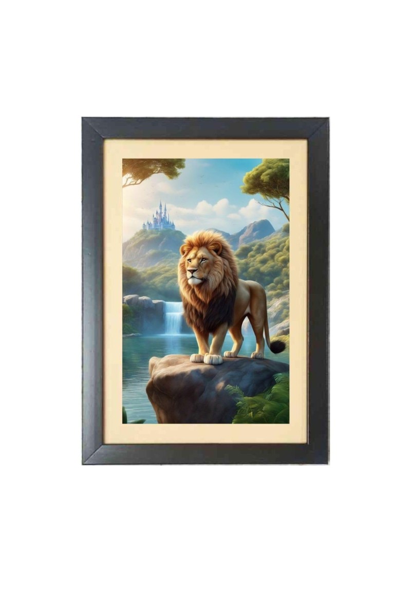The wild lion is standing alone Photo Frame Funny Animal and Bird Cartoon Art, Black color, 15x19 Inch