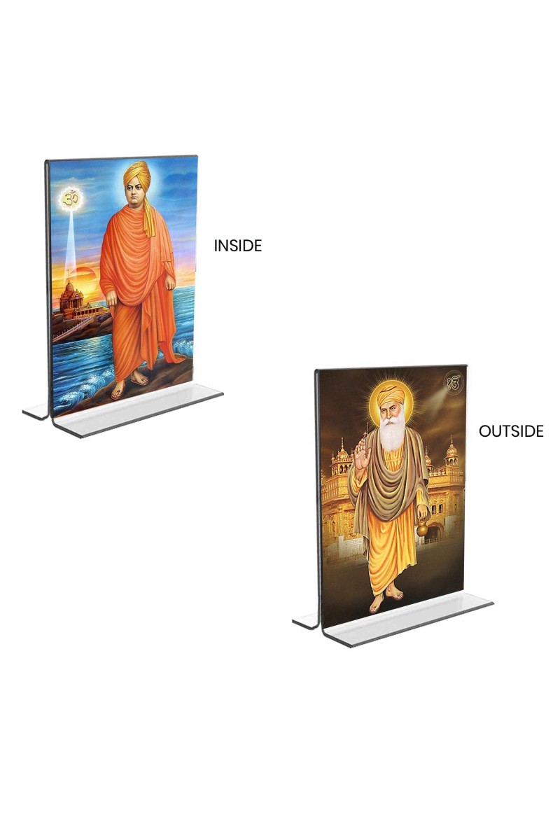 Swami Vivekananda & Guru Nanak Acrylic T-Style Photo Stand - 5x7 Inches, Compact and Stylish Spiritual Display, easily change 2 photos (Pack of 1)