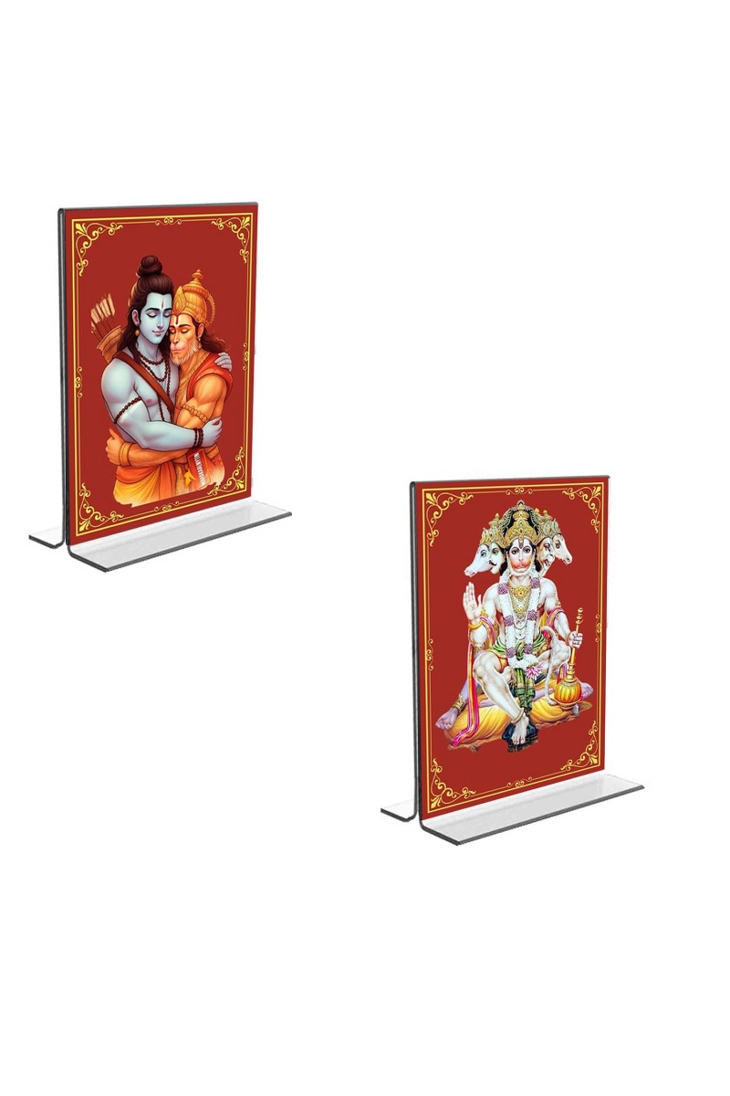 Car Desk/Table Top Sri Ram & cHanuman Acrylic T-Style Photo Stand - 2.5x3.5 Inches, Compact and Stylish Spiritual Display, easily change 2 photos (Pack of 1)