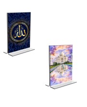 Car Desk/Table Top Taj Mahal Islamic Allah Acrylic T-Style Photo Stand - 2.5x3.5 Inches, Compact and Stylish Spiritual Display, easily change 2 photos (Pack of 1)