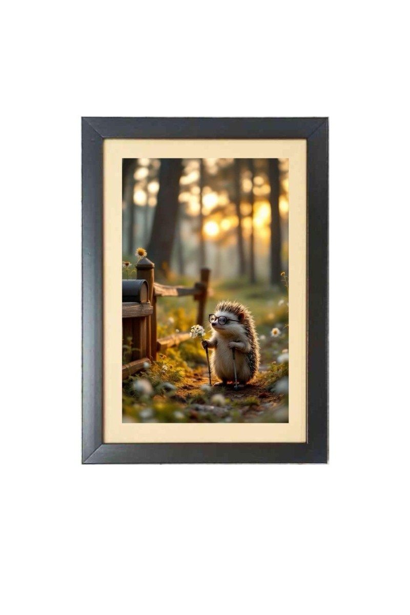 Adorable Hedgehog Holding a flower Photo Frame Funny Animal and Bird Cartoon Art, Black color, 17x21 Inch
