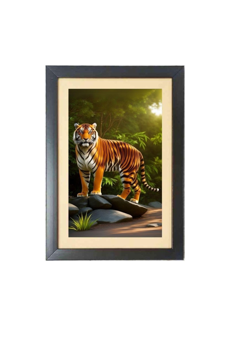 The wild tiger walk Photo Frame Funny Animal and Bird Cartoon Art, Black color, 11x15 Inch