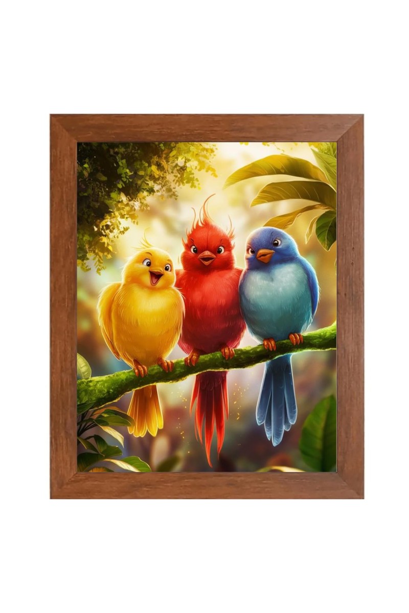 AI Funny Cute Birds On Tree Art Picture for Kids - 12x16 inches, Brown Color - Perfect Wall Decor for Children's Room