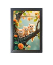 The three cute cats are sitting on the branch Black Photo Frame Funny Animal and Bird Cartoon Art