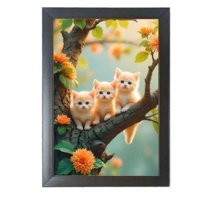 The three cute cats are sitting on the branch Black Photo Frame Funny Animal and Bird Cartoon Art The three cute cats are sitting on the branch Black Photo Frame Funny Animal and Bird Cartoon Art