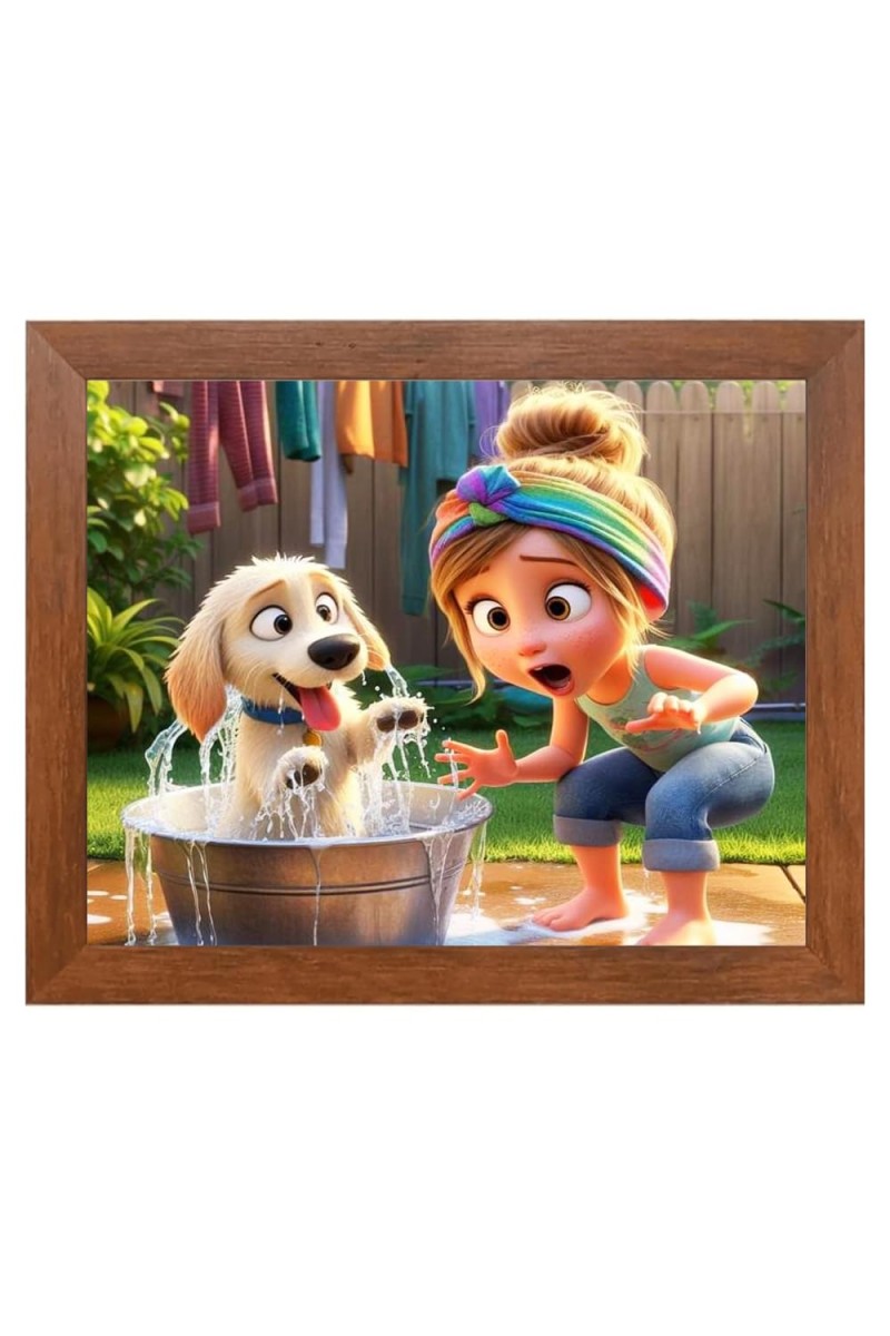 AI Funny Girl with Dog Art Picture for Kids - 12x16 inches, Brown Color - Perfect Wall Decor for Children's Room
