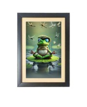 The funny frog is meditating Photo Frame Funny Animal and Bird Cartoon Art, Black color, 17x21 Inch