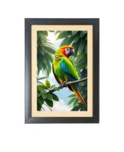 The colorful bird is sitting on tree branch Black Photo Frame Funny Animal and Bird Cartoon Art