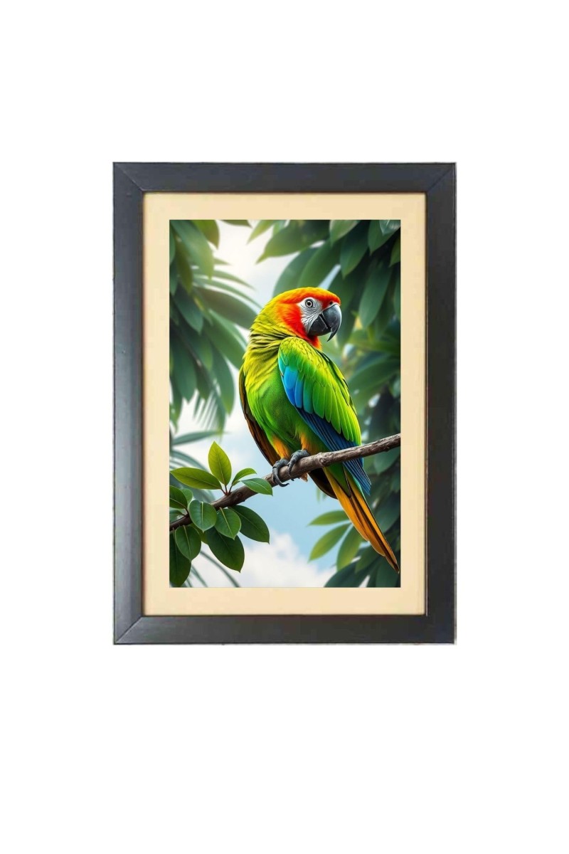The colorful bird is sitting on tree branch Black Photo Frame Funny Animal and Bird Cartoon Art
