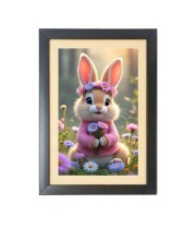The cute rabbit is holding flowers Black Photo Frame Funny Animal and Bird Cartoon Art