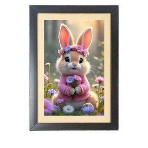 The cute rabbit is holding flowers Black Photo Frame Funny Animal and Bird Cartoon Art
