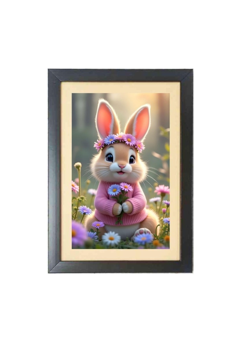 The cute rabbit is holding flowers Black Photo Frame Funny Animal and Bird Cartoon Art