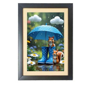 The cute cartoon squirrels under umbrella Black Photo Frame Funny Animal and Bird Cartoon Art