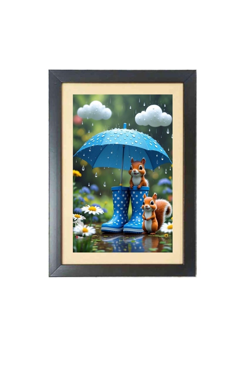 The cute cartoon squirrels under umbrella Black Photo Frame Funny Animal and Bird Cartoon Art