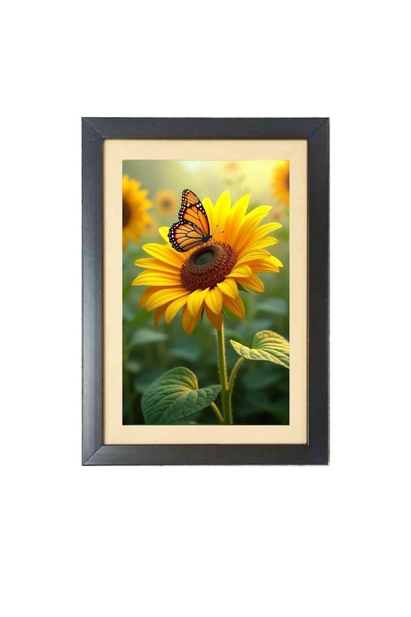 The beautiful butterfly near sunflower Photo Frame Funny Animal and Bird Cartoon Art, Black color, 15x19 Inch