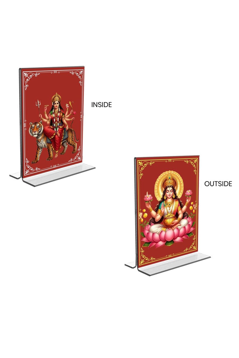 Debi Lakshmi & Debi Durga Acrylic T-Style Photo Stand, Compact and Stylish Spiritual Display, easily change 2 photos (Pack of 1)