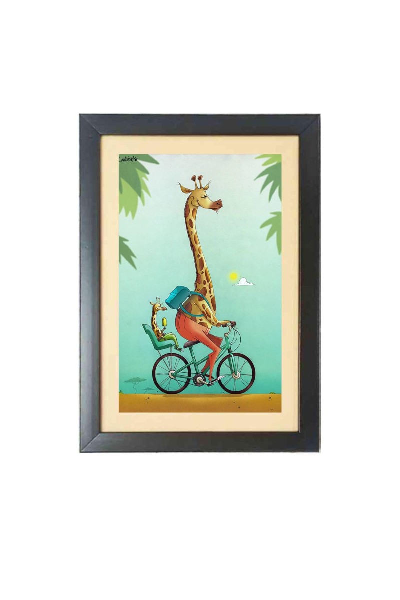 The cartoon animal is riding a bicycle Photo Frame Funny Animal and Bird Cartoon Art, Black color, 13x17 Inch