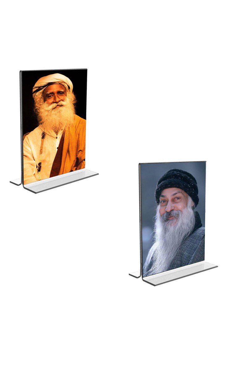 Car Desk/Table Top Sadhguru & Osho Acrylic T-Style Photo Stand - 2.5x3.5 Inches, Compact and Stylish Spiritual Display, easily change 2 photos (Pack of 1)
