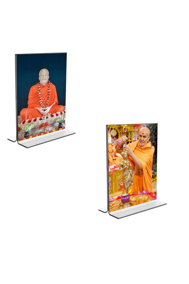Car Desk/Table Top Sri Ramakrishna Paramhansa & Swami Narayan Acrylic T-Style Photo Stand - 2.5x3.5 Inches, Compact and Stylish Spiritual Display, easily change 2 photos (Pack of 1)