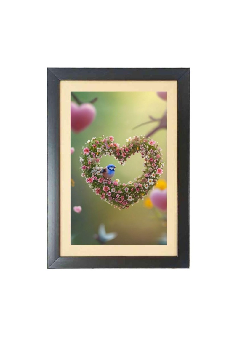 Beautiful bird with a heart shape flowers Black Photo Frame Funny Animal and Bird Cartoon Art