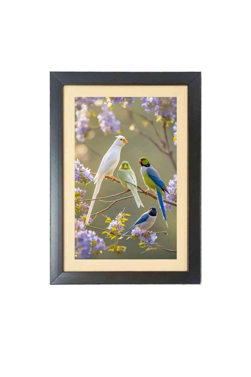 The colorful parrots Photo Frame Funny Animal and Bird Cartoon Art, Black color, 17x21 Inch