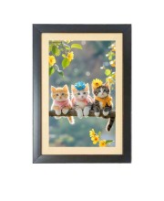 Three lovely cats are sitting on the branch Black Photo Frame Funny Animal and Bird Cartoon Art