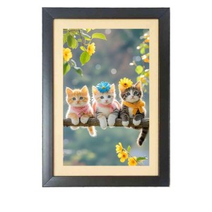 Three lovely cats are sitting on the branch Black Photo Frame Funny Animal and Bird Cartoon Art Three lovely cats are sitting on the branch Black Photo Frame Funny Animal and Bird Cartoon Art