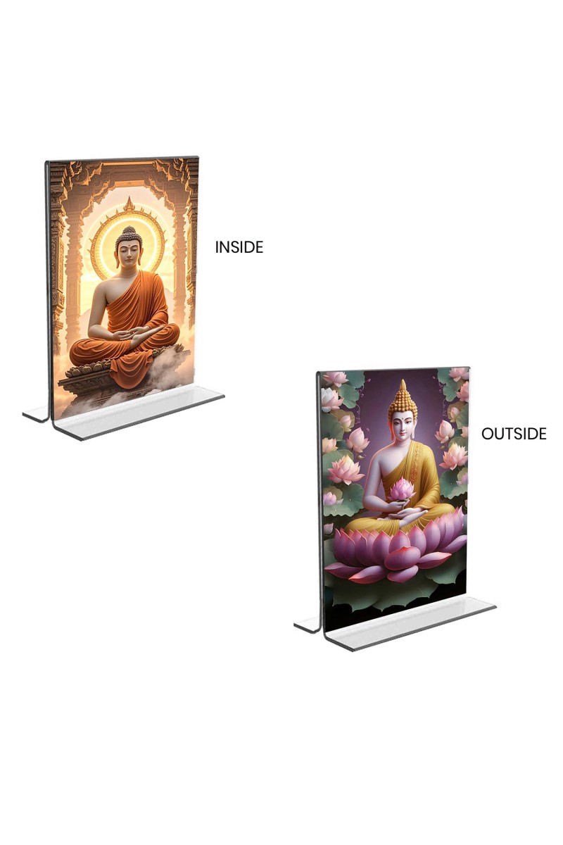 Buddha Acrylic T-Style Photo Stand - 5x7 Inches, Compact and Stylish Spiritual Display, easily change 2 photos (Pack of 1)