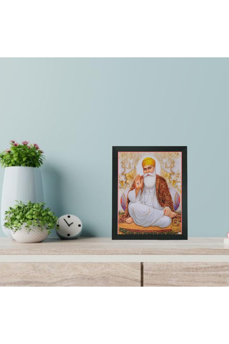 Hitech Sales Guru Nanak Dev ji Polystyrene Photo Frame for Pooja Room, Temple Decor, Home Decoration and Gifting (Wall and Tabletop, Rectangular, Printed Photo, 7.12 x 9.12 inches Frame, Black)