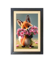 Sweet Fox Holding A Lovely Flowers Photo Frame Funny Animal and Bird Cartoon Art, Black color, 11x15 Inch