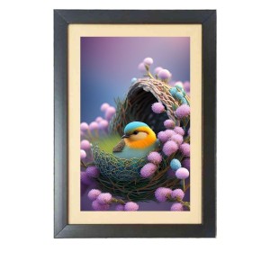 The cute bird is sitting in the nest Black Photo Frame Funny Animal and Bird Cartoon Art
