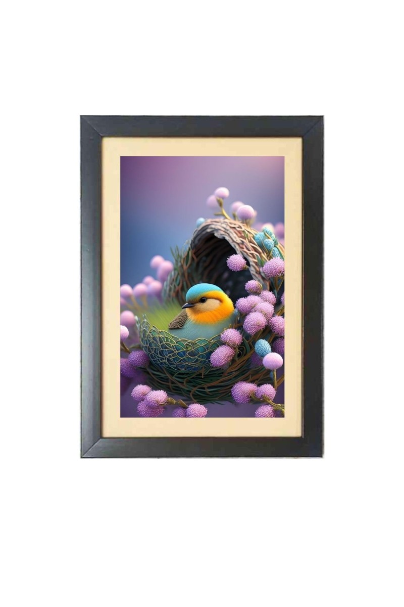 The cute bird is sitting in the nest Photo Frame Funny Animal and Bird Cartoon Art, Black color, 19x23 Inch