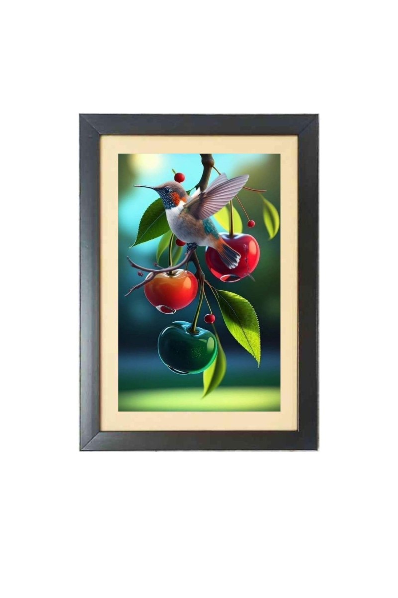 A bird is flying over an apple tree Black Photo Frame Funny Animal and Bird Cartoon Art