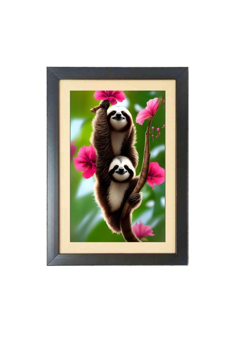 The cute sloths Photo Frame Funny Animal and Bird Cartoon Art, Black color, 17x21 Inch